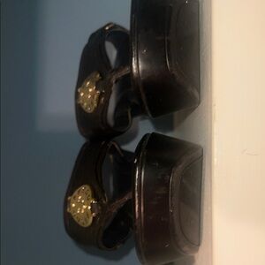 Guess Black Platform Sandals with Gold Heart Emblem